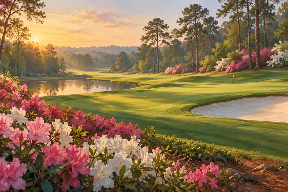 Original editorial illustration: A spring Georgia golf landscape with green fairways, blooming azaleas and tall pines.
