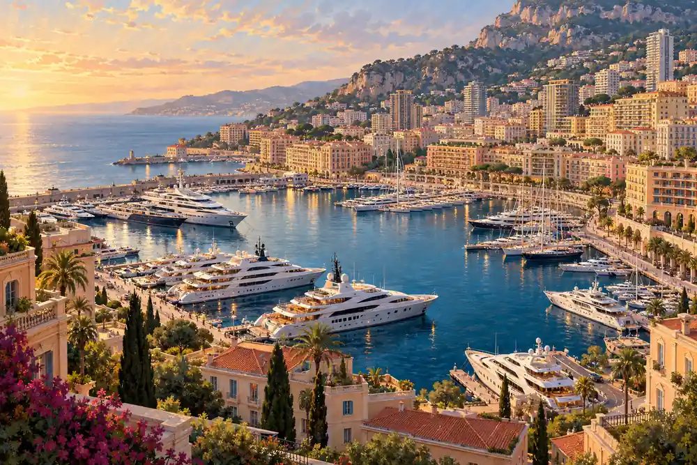 Original editorial illustration: Superyachts moored in a sunlit editorial interpretation of Monaco's Port Hercule.
