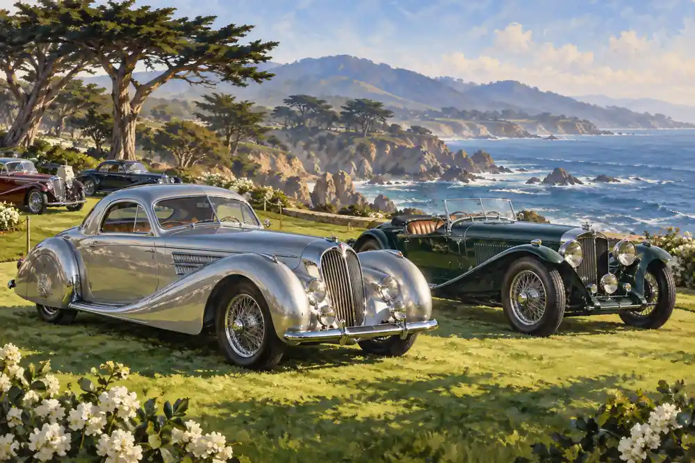 Original editorial illustration: Classic collector cars on a lawn beside the rugged Pacific coast.