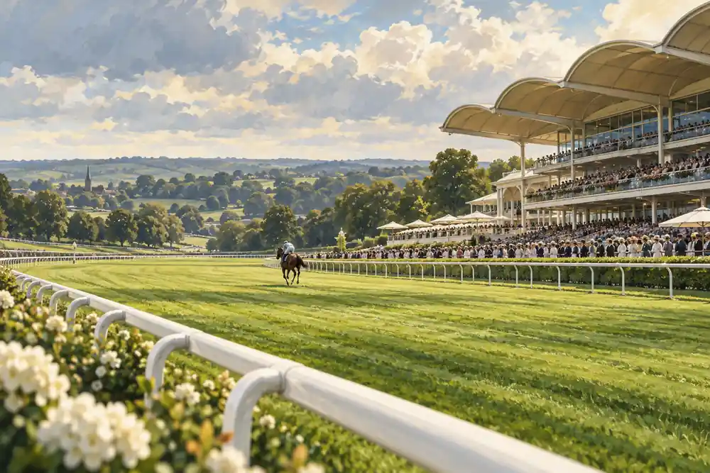 Original editorial illustration: An English racecourse grandstand beside green turf and a distant thoroughbred.