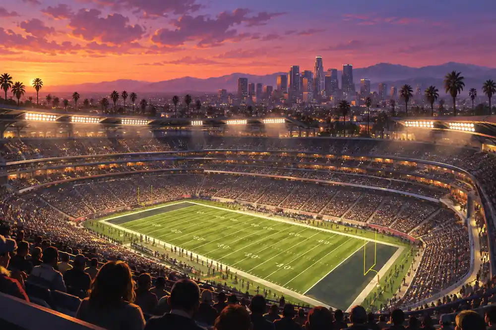 Original editorial illustration: A generic Los Angeles American football stadium under a colorful dusk sky.