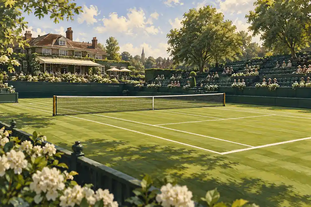 Original editorial illustration: A grass tennis court with tasteful stands and a leafy English pavilion.
