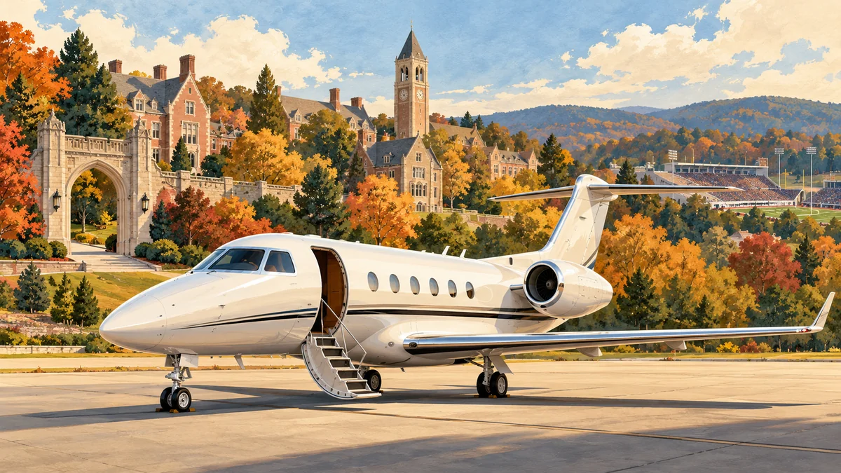 Editorial illustration of a white private jet on an apron with an imaginary autumn college campus and football stadium in the background.