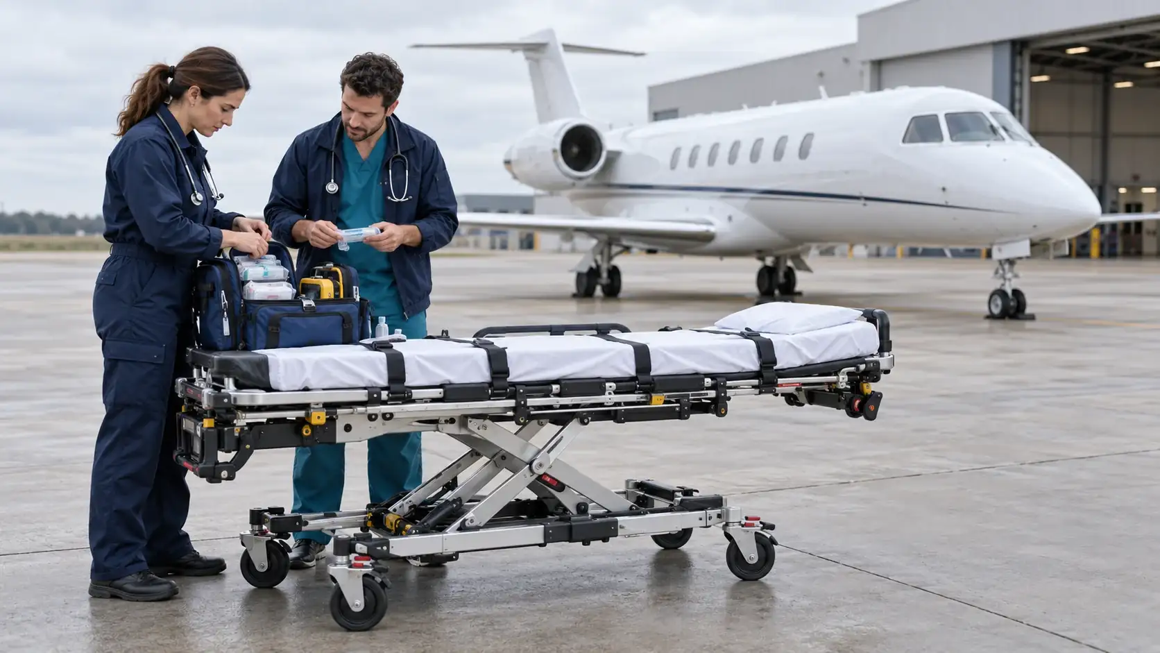 Two medical flight crew check equipment beside an empty transport stretcher, with a parked jet in the background.