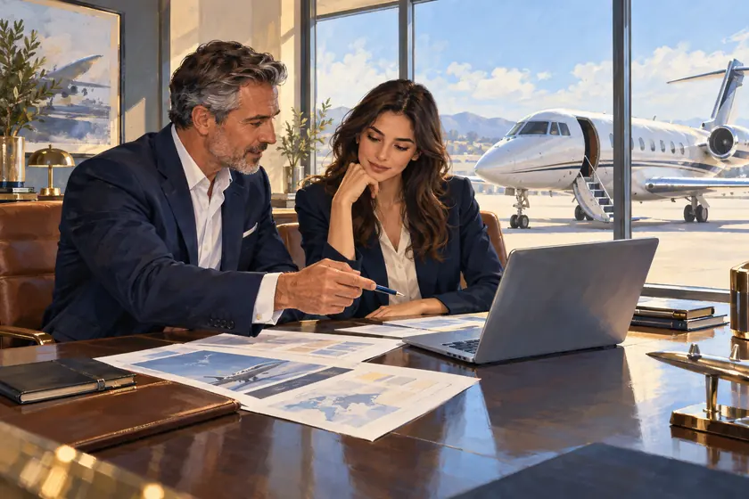 Original illustration of an aviation mentor and a younger adult reviewing work at a desk overlooking a private jet.