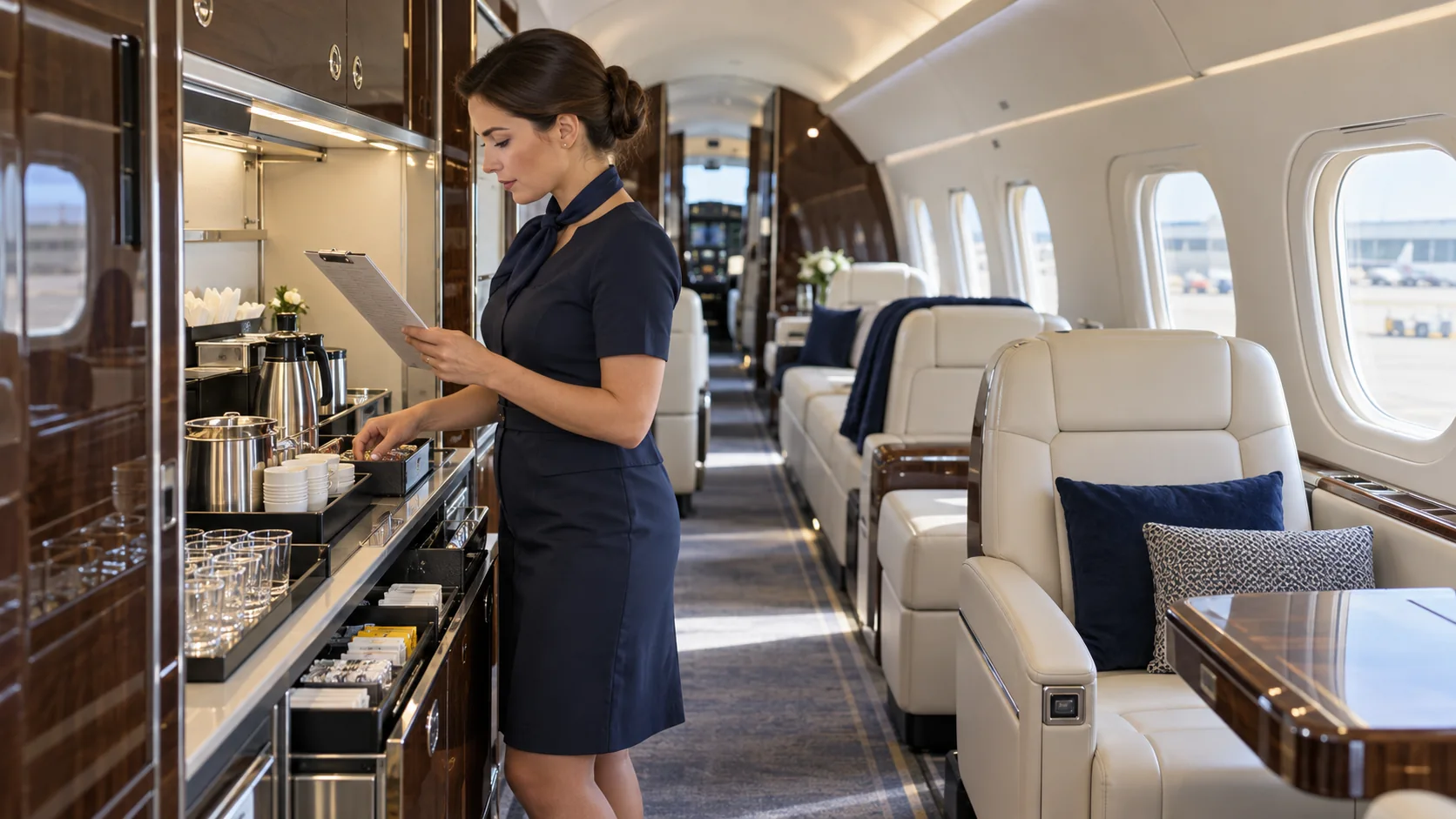 A private jet cabin attendant checks a preparation list while arranging service supplies in an understated navy and cream cabin.