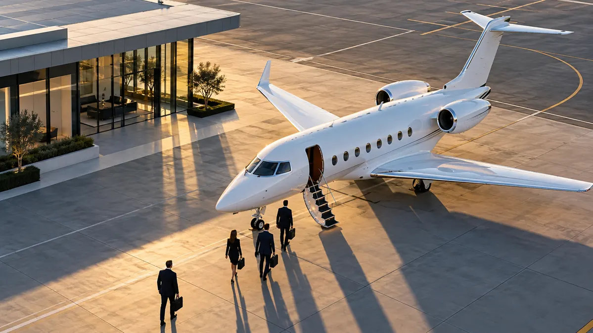 Conceptual aerial illustration of business travelers approaching a private jet beside a modern aviation terminal