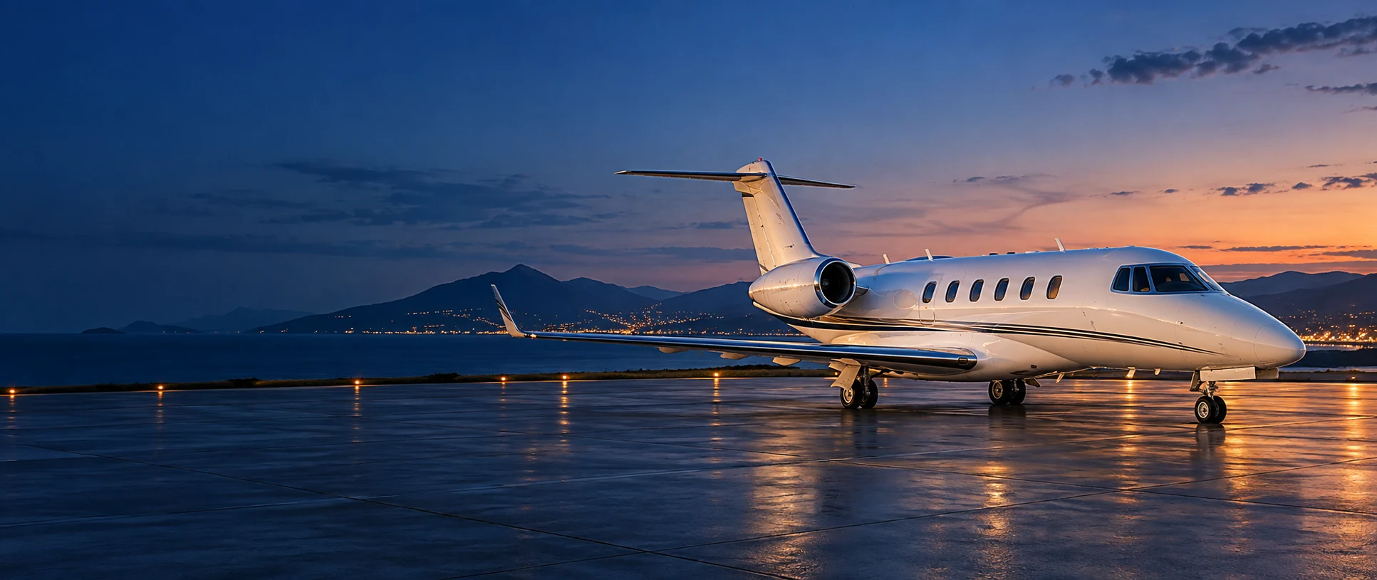 Private jet on a coastal apron at dusk