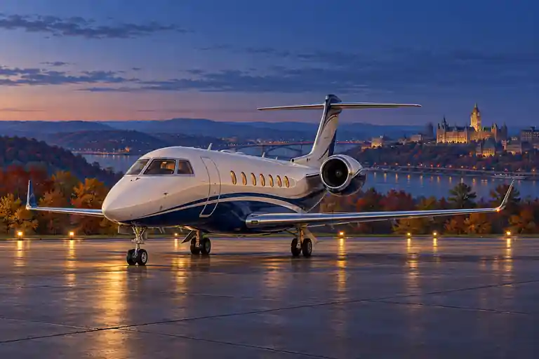 Imagined illustration of an unbranded private jet with the Hudson Valley with autumn foliage near Albany, New York.