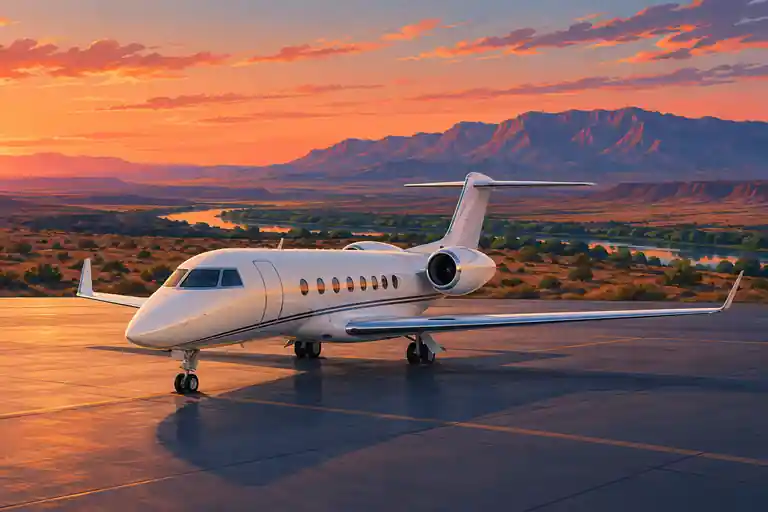 Imagined private jet beside high-desert scenery and a mountain ridge at coral dusk.