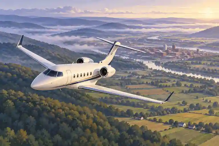 Imagined private jet banking above Lehigh Valley fields and wooded ridges in morning mist.