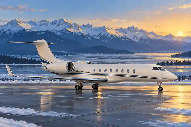 Imagined illustration of an unbranded private jet with snow-dusted Chugach-like mountain silhouettes and a cold tidal inlet near Anchorage.