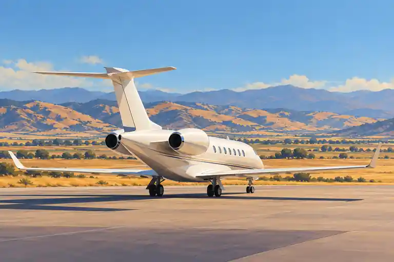Imagined private jet viewed from behind against golden Central Valley fields and dry foothills.