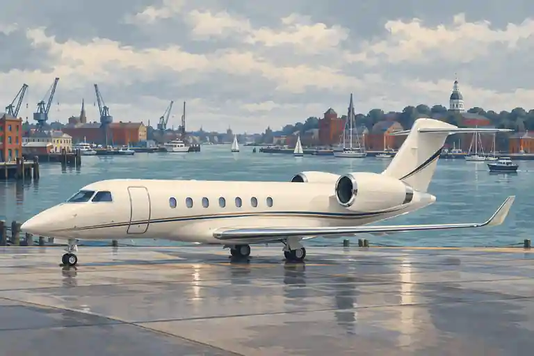 Cream private jet in an imagined Baltimore harbor-region setting with water, cranes and brick-red forms.