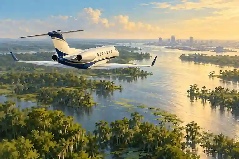 Imagined private jet above Louisiana river wetlands and a hazy city skyline.