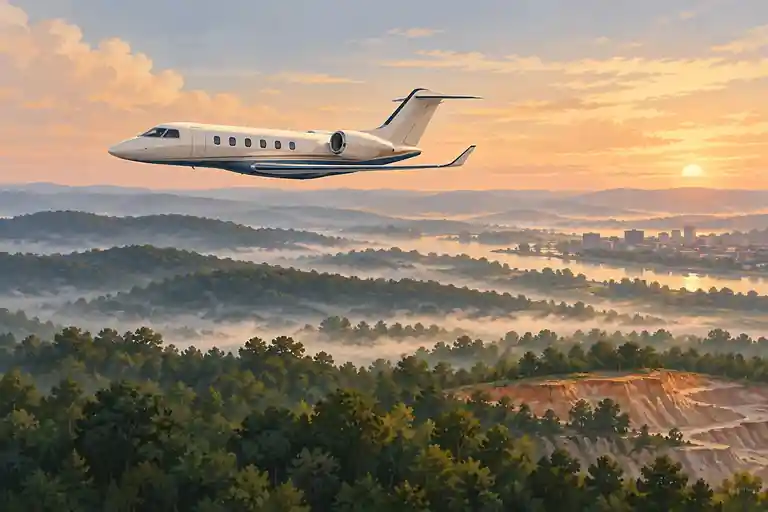 Imagined private jet above wooded Alabama ridges and red-earth terrain in morning mist.