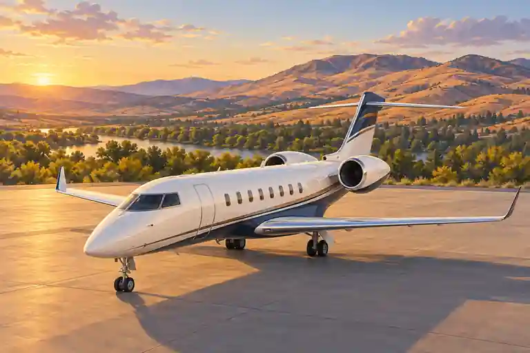 Imagined illustration of an unbranded private jet with golden foothills and a ribbon of green river trees beneath open high-desert sky near Boise.