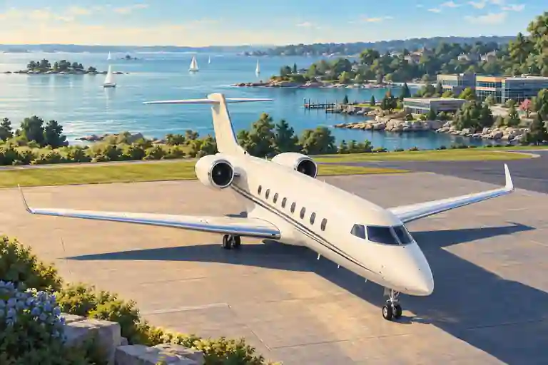 Private jet in an imagined Bridgeport–Stamford shoreline setting with coves, sailboats and a distant business district.