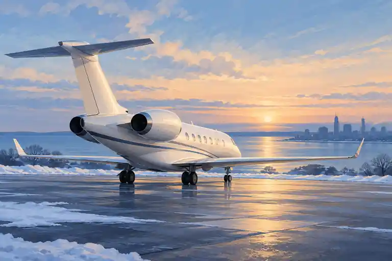 Imagined private jet beside snowy apron edges and Lake Erie-inspired scenery at winter dawn.