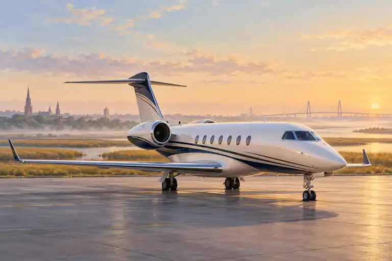 Imagined illustration of an unbranded private jet with a low coastal apron beside golden tidal marshes near Charleston, South Carolina.