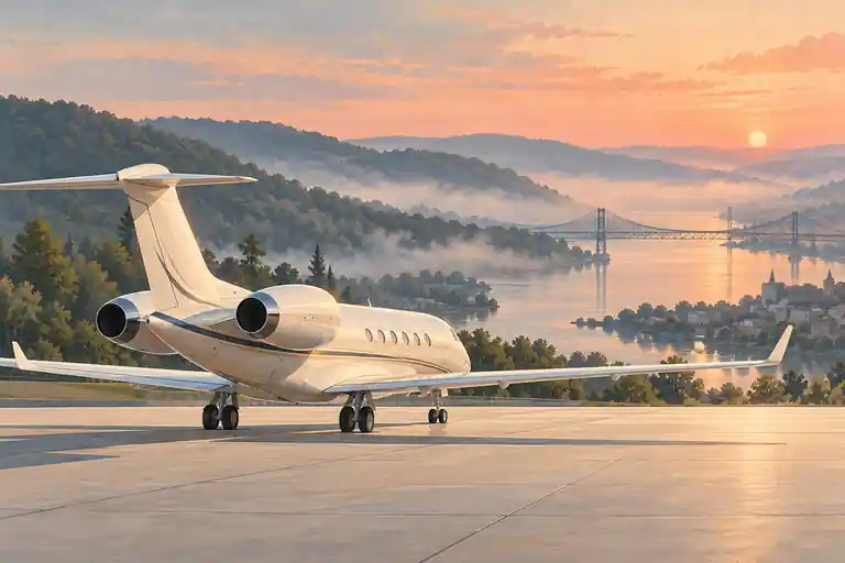 Private jet in an imagined Cincinnati river-valley setting beneath coral morning mist.