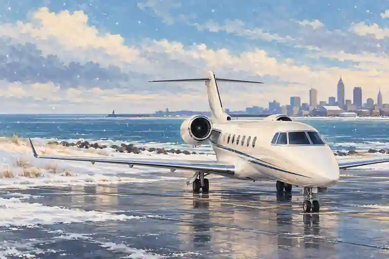 Private jet in an imagined Cleveland lakeside setting with a cool Lake Erie horizon and pale winter light.