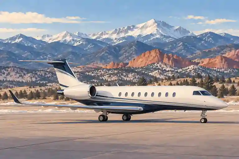 Imagined illustration of an unbranded private jet with an imagined broad ramp beneath layered Front Range mountains and distant russet sandstone formations near Colorado Springs.