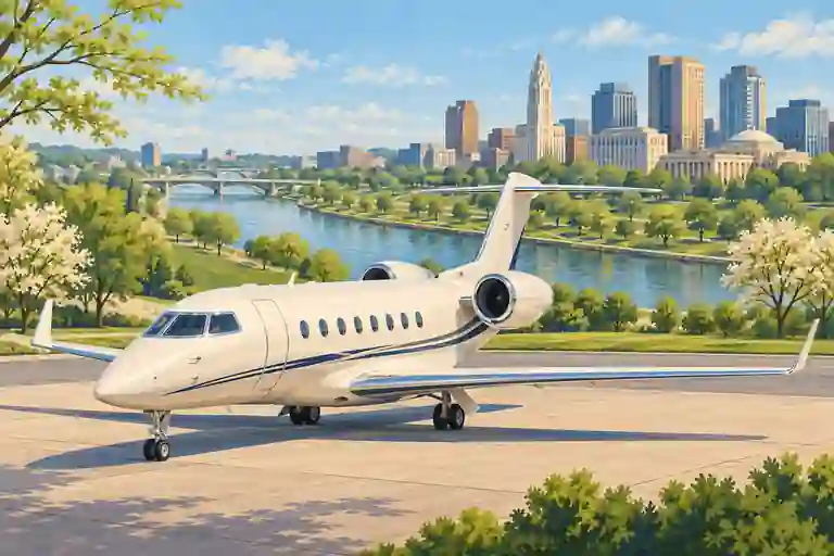 Private jet in an imagined Columbus landscape with a winding river, leafy parks and distant civic towers.