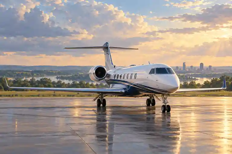 Imagined illustration of an unbranded private jet with open Ohio plains with a distant river valley and a modest hazy city silhouette near Dayton.