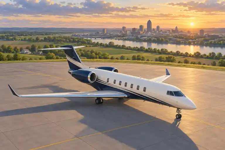 Imagined illustration of an unbranded private jet with gently rolling Iowa farmland and a low river-city skyline near Des Moines.