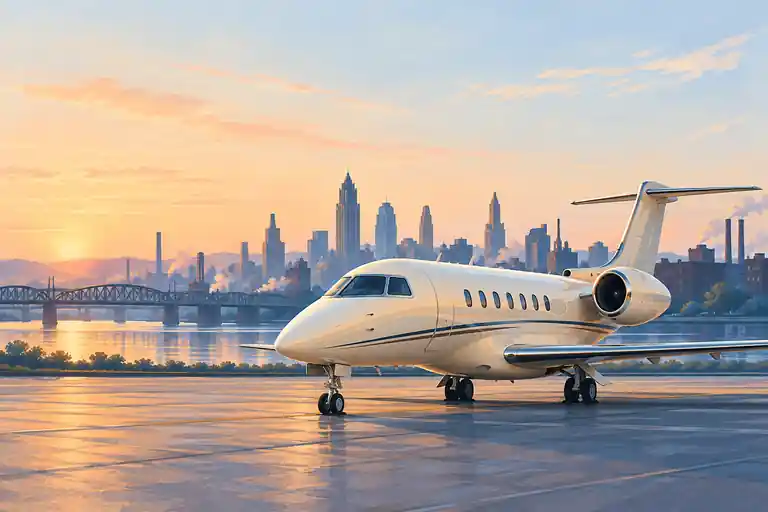 Cream private jet on an imagined Detroit-area apron with a hazy riverfront skyline at sunrise.
