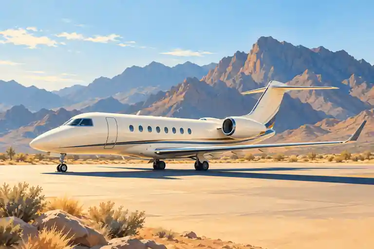 Imagined private jet on a sunlit apron against rugged desert mountain silhouettes.