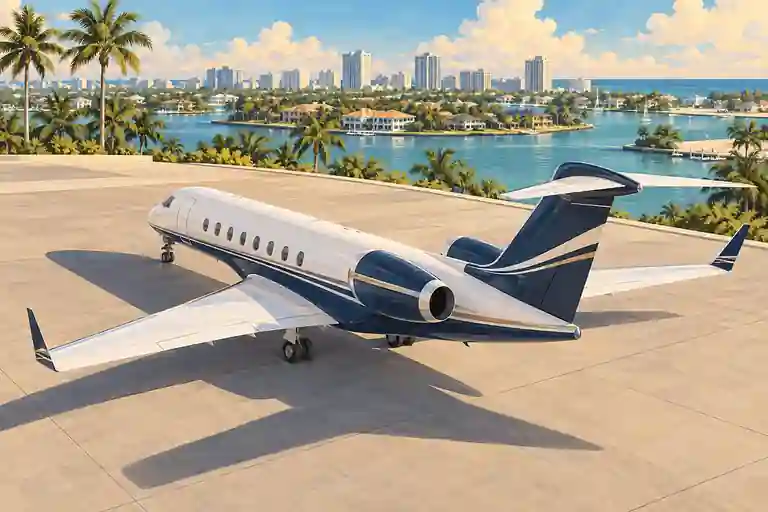 Imagined illustration of an unbranded private jet with South Florida palms and sunlit waterways beyond a fictional apron near Fort Lauderdale.