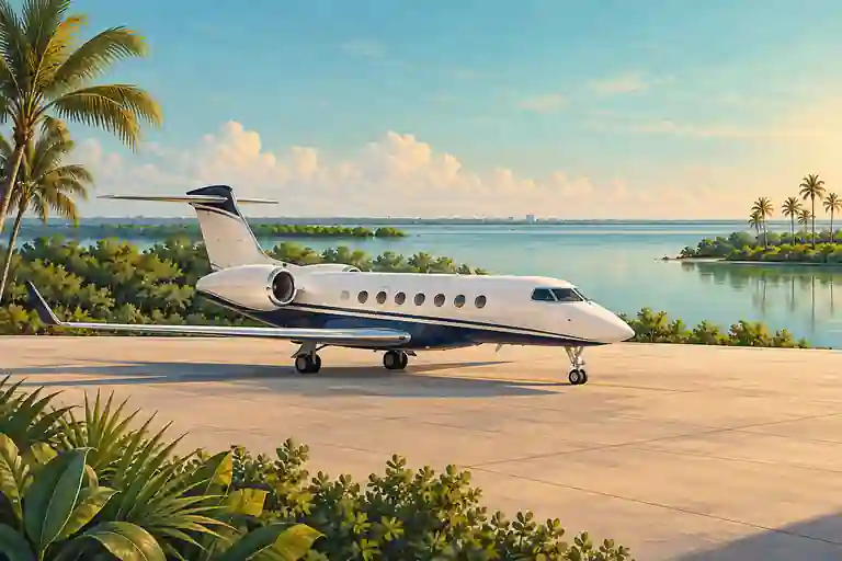 Imagined illustration of an unbranded private jet with Gulf Coast mangroves near Fort Myers.
