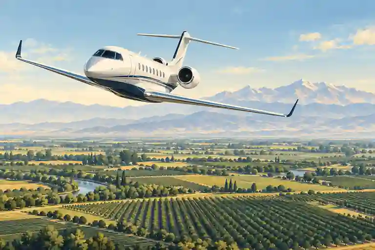 Imagined private jet above Central Valley orchards with pale Sierra Nevada mountains beyond.