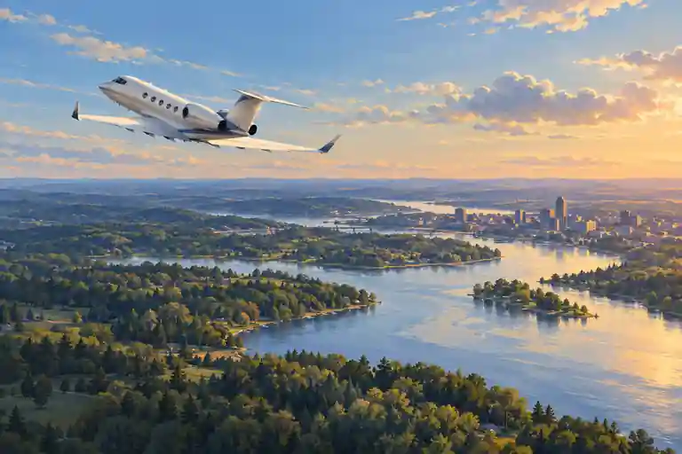 Imagined private jet climbing above Michigan river scenery and a distant city at golden hour.