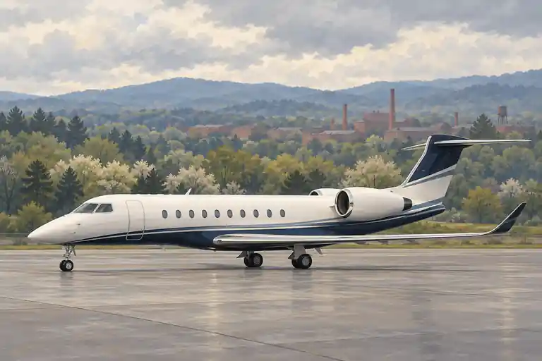 Imagined illustration of an unbranded private jet with rolling Piedmont woodland near Greensboro–Winston-Salem.