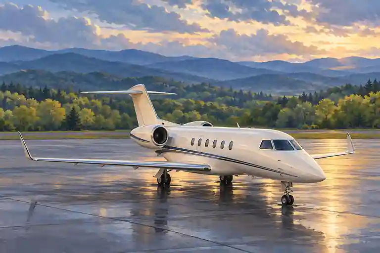 Imagined private jet on a rain-cleared apron against wooded Blue Ridge foothills.