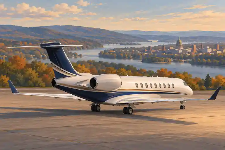Imagined illustration of an unbranded private jet with the broad Susquehanna valley with wooded ridges and a small distant civic dome near Harrisburg.