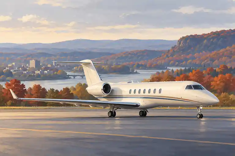 Imagined private jet with Connecticut river-valley scenery and copper autumn woodland.