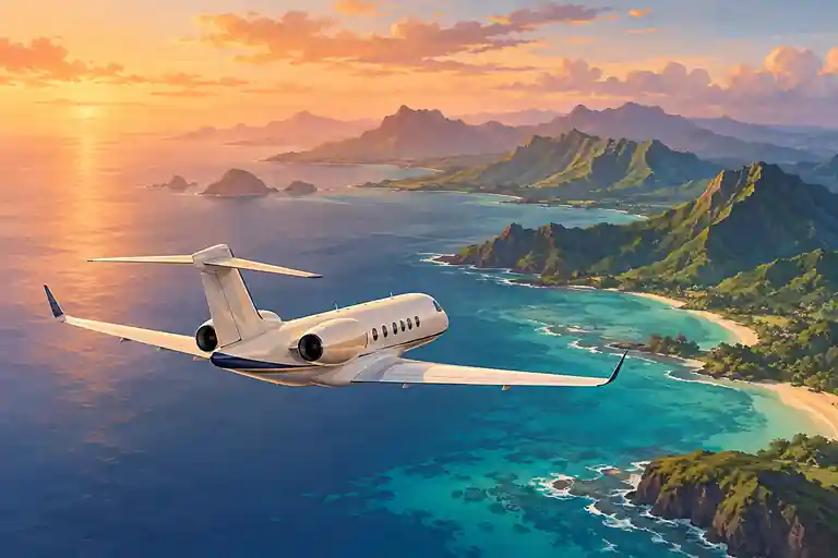 Imagined private jet over turquoise Pacific water and a lush volcanic island coast at sunset.