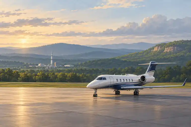 Imagined illustration of an unbranded private jet with wooded north Alabama ridges with a distant stylized rocket-shaped museum silhouette kept small on the horizon near Huntsville, Alabama.