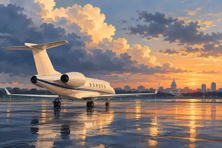 Cream private jet in an imagined Indianapolis setting with a civic skyline and reflections after a summer storm.