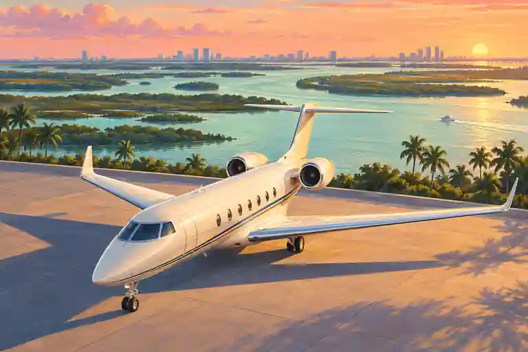 Cream private jet in an imagined Jacksonville setting with a broad river, salt marshes and a distant skyline.