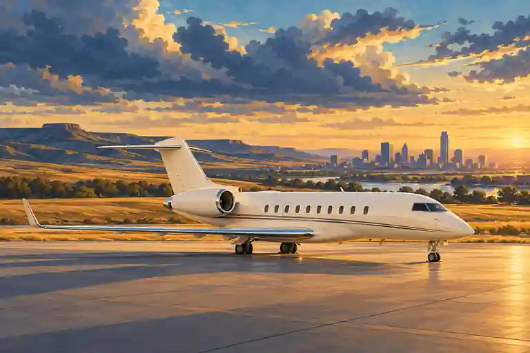 Cream private jet in an imagined Kansas City setting with rolling prairie and a distant downtown skyline.