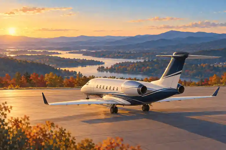 Imagined illustration of an unbranded private jet with layered blue Appalachian foothills and the broad Tennessee River valley near Knoxville.