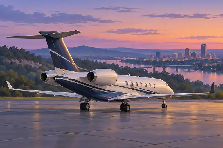 Imagined illustration of an unbranded private jet with the Arkansas River valley with wooded low hills and an understated distant urban silhouette near Little Rock.