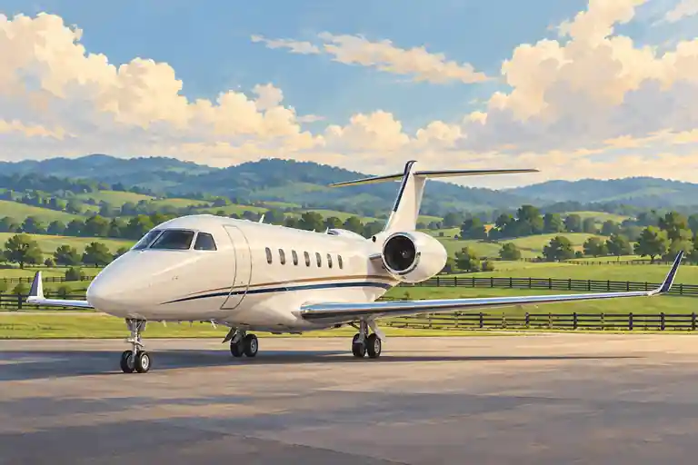 Imagined private jet on an apron framed by rolling green Kentucky countryside.