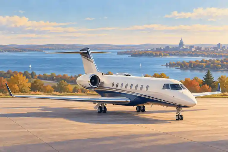 Imagined illustration of an unbranded private jet with calm blue lakes and tree-lined rolling countryside with a small distant civic dome silhouette near Madison, Wisconsin.