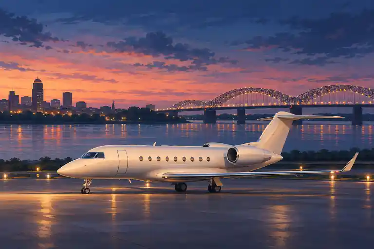 Imagined private jet on an apron beside Mississippi River scenery and a glowing bridge at dusk.
